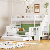 Lit superposé 90x200 + 140x200 cm - en bois massif - avec toboggan,étagère et un lit gigogne - Blanc