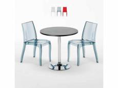 Table ronde noire 70x70cm avec 2 chaises colorées et transparentes set intérieur bar café cristal light gold