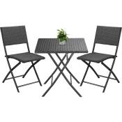 Ensemble 3 pièces de balcon en Polyrotin rom set de 1 table et 2 chaises pliantes Noir résistant camping jardin - Casaria