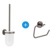 Essentials Set d'accessoires wc avec Porte balai wc + Dérouleur de papier mural, Hard Graphite brossé (40374AL1-Essentials) - Grohe