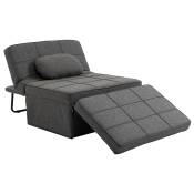 HOMCOM Canapé-lit polyvalent avec oreiller repose-pied et housse en lin cadre fonction 3-EN-1 lit simple chaise longue et tabouret de rangement gris