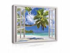 Impression sur toile mer plage nature fenêtre paysage 100x75 cm xxl tableau décoration murale intissée pour salon chambre pret a accroche