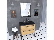 Meuble de salle de bain 80x50cm - tiroirs chêne brun - vasque résine noire effet pierre - miroir