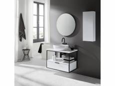 Meuble de salle de bain avec 1 tiroir suspendu blanc brillant + vasque à poser + miroir + colonne - longueur 80 x hauteur 54 x profondeur 45,5 cm