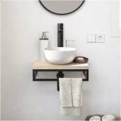 Mob-in - Meuble lave-mains soho plan fin p-serviette dessous vasque blanche+robinet - Décor chêne