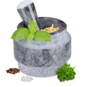 Mortier rond avec pilon, set en marbre, pour épices et herbes, lourd, diamètre 12,5 cm, gris - Relaxdays