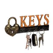 Panneau à clés, 5 crochets, Cadenas & écriture Keys, fonte de fer, vintage, hlp 10x26x3 cm, orange/noir - Relaxdays