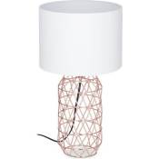 Relaxdays Lampe de table socle grille rose or métal lampe de chevet abat-jour blanc tissu HxD: 45 x 25 cm, blanc/rose-or
