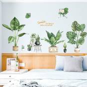 Autocollants muraux en pot de plantes vertes, autocollants muraux de feuilles tropicales de la nature, papier peint amovible de plantes vertes,