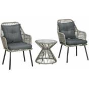 Ensemble salon de jardin 3 pièces style colonial 2 fauteuils coussins table basse acier époxy noir résine filaire gris - Gris
