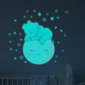 Sticker phosphorescent lumineux - enfant bébé éléphant sur la lune et 30 étoiles - Autocollant mural plafond enfant - 110x80cm