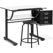 Bureau, table à dessin inclinable avec tiroirs et tabouret, 90 x 60 cm, noir et blanc