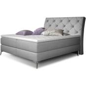 Lit design continental avec tête de lit capitonnée strass tissu gris clair Banky-Couchage 140x200 cm