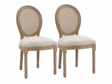 Lot de 2 chaises de salle à manger - chaise de salon médaillon style louis xvi - bois massif sculpté, patiné - dossier cannage - aspect lin beige