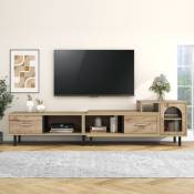 Meuble TV extensible aspect bois, 4 compartiments, 2 tiroirs, porte vitrée, longueur variable 200 cm-278 cm
