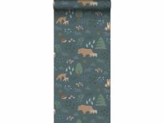 Papier peint forêt avec des animaux de la forêt bleu gris, vert et beige - 139248 - 0,53 x 10,05 m 139248