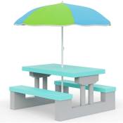 Salon de jardin pour enfants ensemble 1 table et 2 bancs fixes parasol jouet jeu table terrasse pique-nique Vert menthe - Gris-menthe - Spielwerk