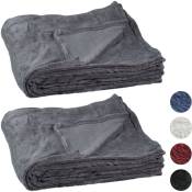 2x Couvertures, polaire, grande taille, douce, plaid, jetée de lit, douillet 220x200 cm, lavable à 30°C, polyester, gris