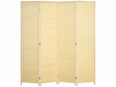 Paravent intérieur séparateur de pièce pliable 4 panneaux dim. 180l x 180h cm bois pin bambou coton