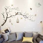 Stickers muraux fleurs de cerisier pour chambre à coucher, fleurs blanches de style chinois, arbre noir et oiseaux volants, autocollants muraux pour