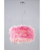 Suspension Ibis avec Abat jour rose en plume 3 Ampoules chrome poli/cristal