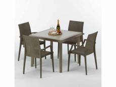 Table carrée beige + 4 chaises colorées poly rotin
