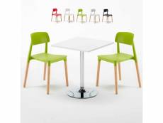 Table carrée blanche 70x70 2 chaises colorées intérieur