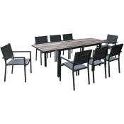 Table de jardin aluminium 160/240cm avec 8 chaises empilables aluminium et textilène - Bois