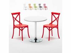 Table ronde blanche 70x70cm avec 2 chaises colorées