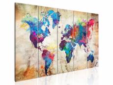 Tableau sur toile en 5 panneaux décoration murale image imprimée cadre en bois à suspendre carte du monde : taches d'encre colorées 225x90 cm 11_00046