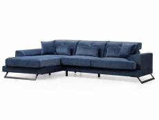 Canapé d'angle gauche velours bleu avec têtières relevables et pieds metal noir briko 308 cm