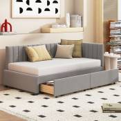 Lit gigogne 90x200cm - Canapé lit multifonctions avec deux grands tiroirs de rangement, sommier à lattes, velours - gris