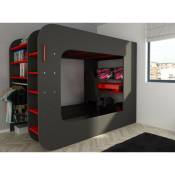 Lit mezzanine Pro Gamer pour enfant Noir graphite et Rouge avec bureau Noir et Rouge