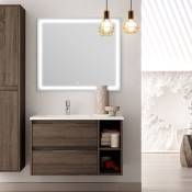Meuble de salle de bain vasque déportée 2 tiroirs Britannia (chêne foncé) - OLYMPE et miroir Led VELDI - 80cm - Britannia (chêne foncé)