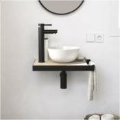 Mob-in - Meuble lave-mains soho plan fin p-serviette côté vasque blanche + robinet - Décor chêne