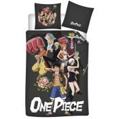 Parure de lit réversible One Piece - Luffy et tous les personnages - Noire - 140 cm x 200 cm