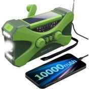 Radio D'Urgence 10000MAh, Radio à Manivelle Solaire, Radio Portable avec Chargeur de , Lampe de Poche led Verte