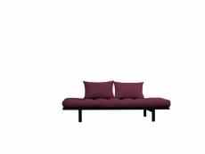 Sofa en pin massif noir matelas bordeaux 75x200 coussins