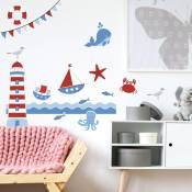 Sticker autocollant décoratif 48x68cm pour enfant, bord de mer: crabe, baleine, poulpe, poisson, oiseaux. - Bleu