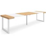 Table console extensible, Console meuble, 300, Pour 14 personnes, Pieds bois massif, Style moderne, Chêne et blanc - Skraut Home