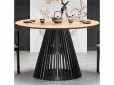 Table de salle à manger contemporaine ronde avec plateau aspect chêne naturel et pied central noir octant 845