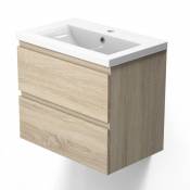 Biubiubath - Meuble de salle de bain avec vasque, 60 cm 2 tiroirs à fermeture amortie bois clair - meuble suspendu