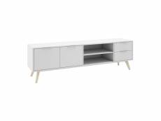 Blajk - meuble tv 180cm 2 portes 2 tiroirs scandinave mdf et pin massif naturel et blanc