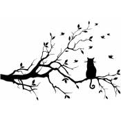 Branche d'arbre feuilles avec chat stickers muraux autocollants amovible vinyle oiseau autocollant autocollant décor pour la maison décorations de