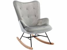 Fauteuil à bascule rocking chair bouton décoratif en tissu velours gris clair confortable et design fab10072