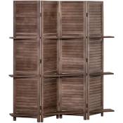 Homcom - Paravent intérieur 4 panneaux 3 étagères pliables séparateur de pièce portes persiennes bois de paulownia aspect acajou foncé - Marron