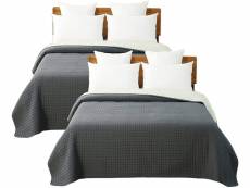 Lot de 2 couvre-lits matelassé. Couverture rembourré de lit flannel. 240x260cm. Gris foncé+crème