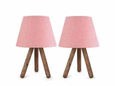Lot de 2 lampes à poser lino style scandinave rose et trépied en bois