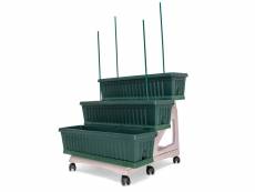 Orto Easy - lot de 3 jardinières de 80 cm avec soucoupe et chariot à 3 niveaux pour aménagements ou potager vertical. Pratique à déplacer. Couleur ver