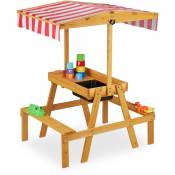 Relaxdays - Ensemble table chaise, banc avec espace de jeux, protection solaire, extérieur, boue, en bois HlP 110x65x83cm